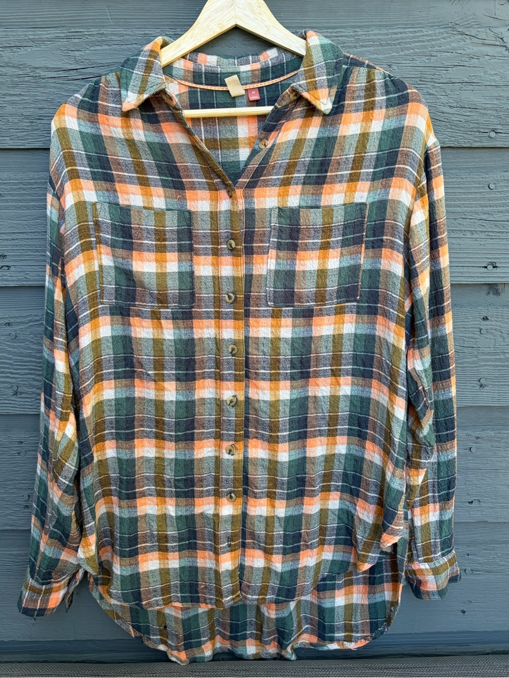 Anthropologie Hadley Relaxed Plaid Buttondown Shirt by Pilcro Green Orange XS